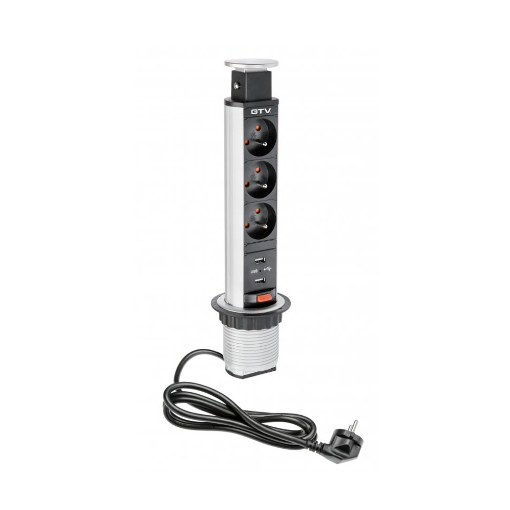 Elpelare 60mm 3st 230V uttag 2st USB - Silver