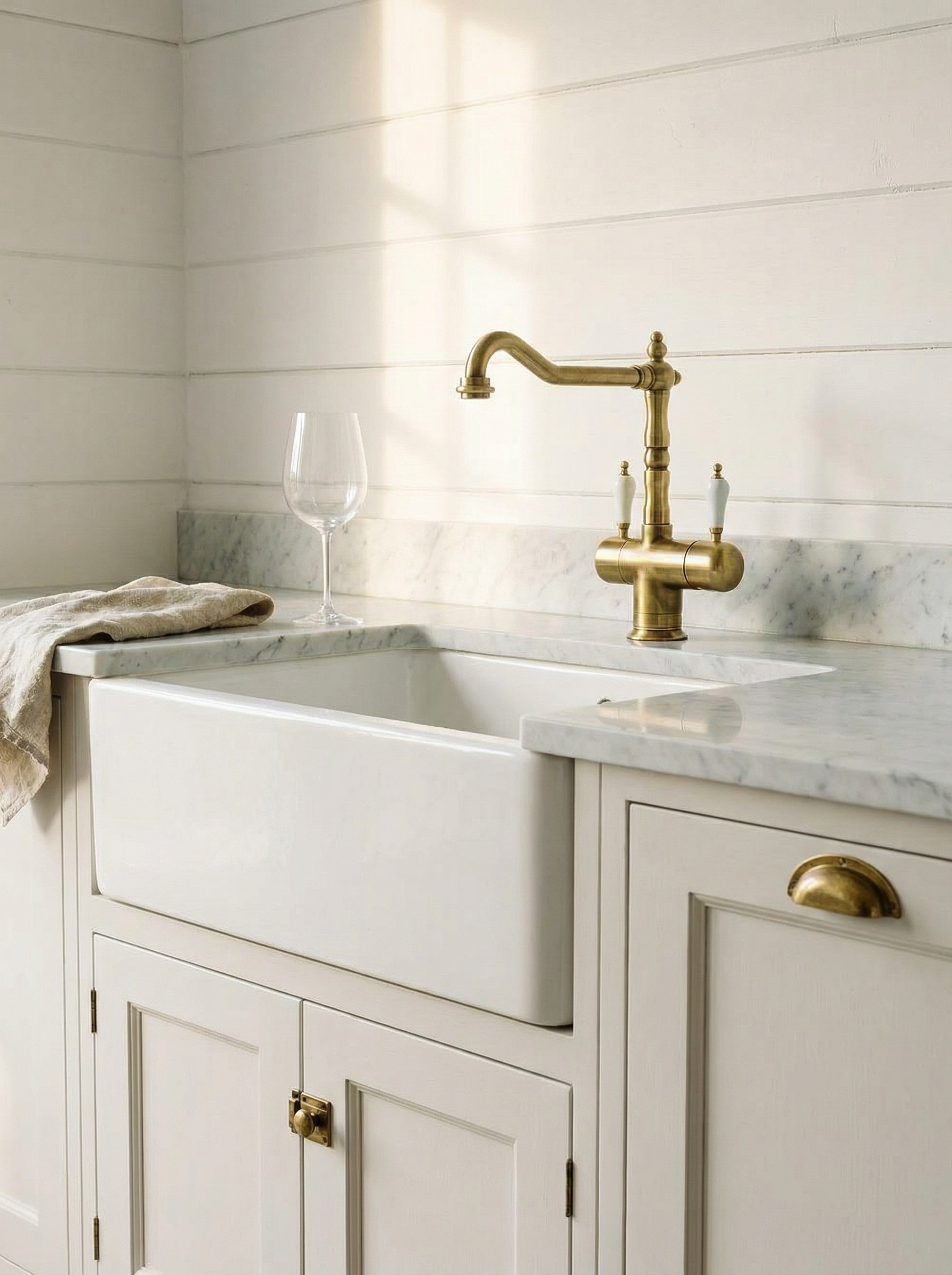 Köksblandare i brons i kök i sekelskiftesstil