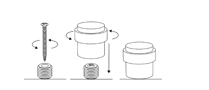 Illustration av montering av dörrstopp Helix i tre steg: skruva fast monteringsdelen och sätt dit dörrstoppet