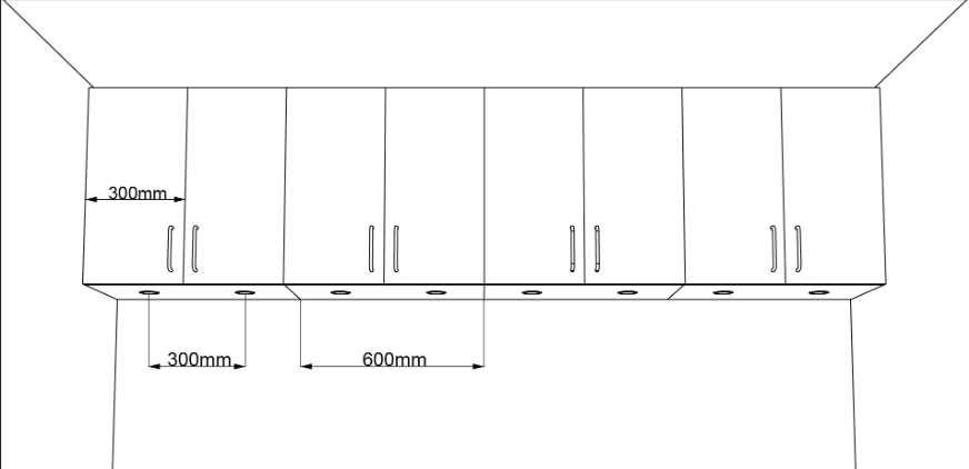 Skiss med exempel på avstånd mellan spotlights på köksluckor som är 300 mm breda