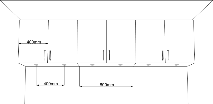 Skiss med exempel på avstånd mellan spotlights på köksluckor som är 400 mm breda